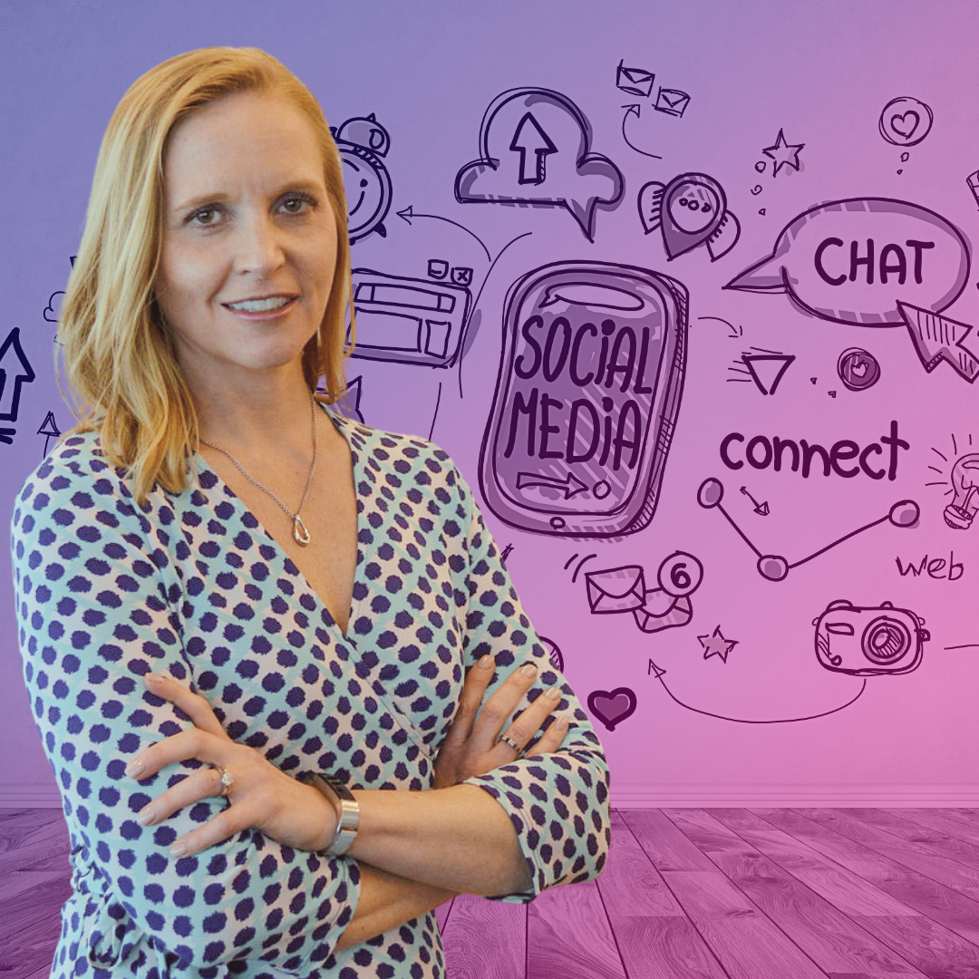 Jennifer Hensley is smiling with her arms crossed in front of her. She's wearing a light blue and white top with purple spots and a dainty necklace. Her blonde hair falls to her shoulders. In the background are various marketing icons.