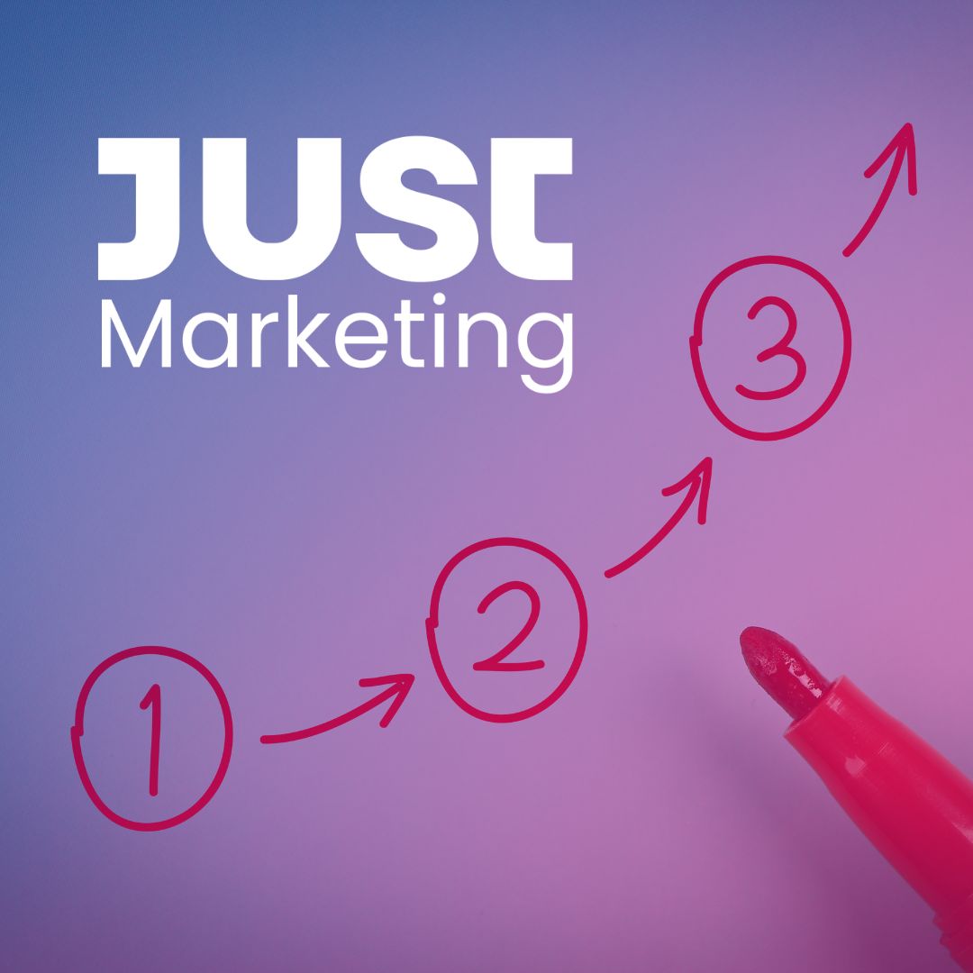 A red sharpie peeks out of the lower right corner. The sharpie was used to write the number one is inside of a circle pointing to a number two inside a circle, pointing to a number 3 inside a circle, pointing upwards. The Just Marketing logo is on the image in the upper left.