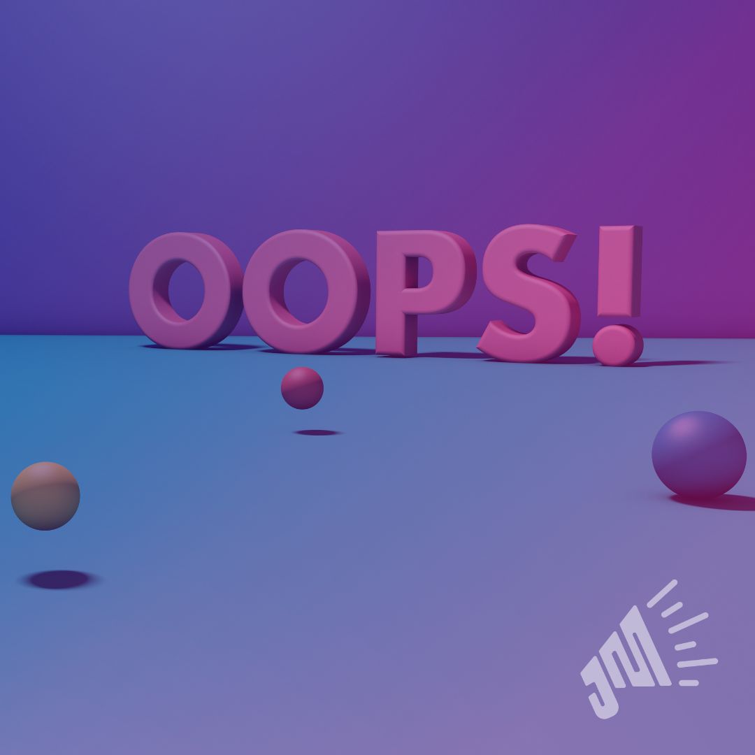 OOPS! is written in large 3d letters that appear to be standing on a blue floor and in front of a purple wall. there are 3 small balls, red, yellow, and blue, that are spilled over the floor.