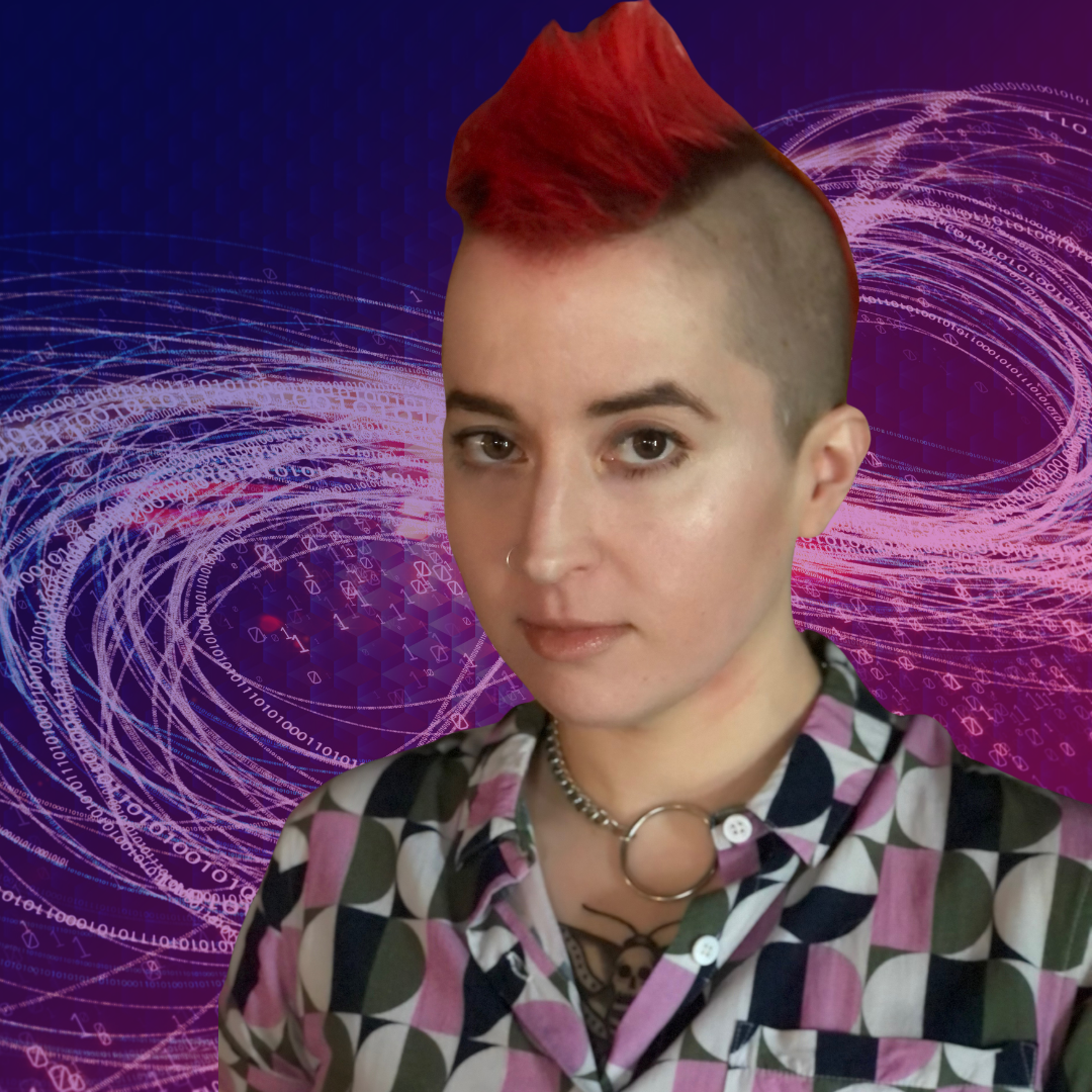 Brianne Leeson is smiling with pink hair in a mohawk. She's wearing a pink and gray geometric pattern button up shirt. The background shows an infinity symbol created with 0s and 1s like the matrix.