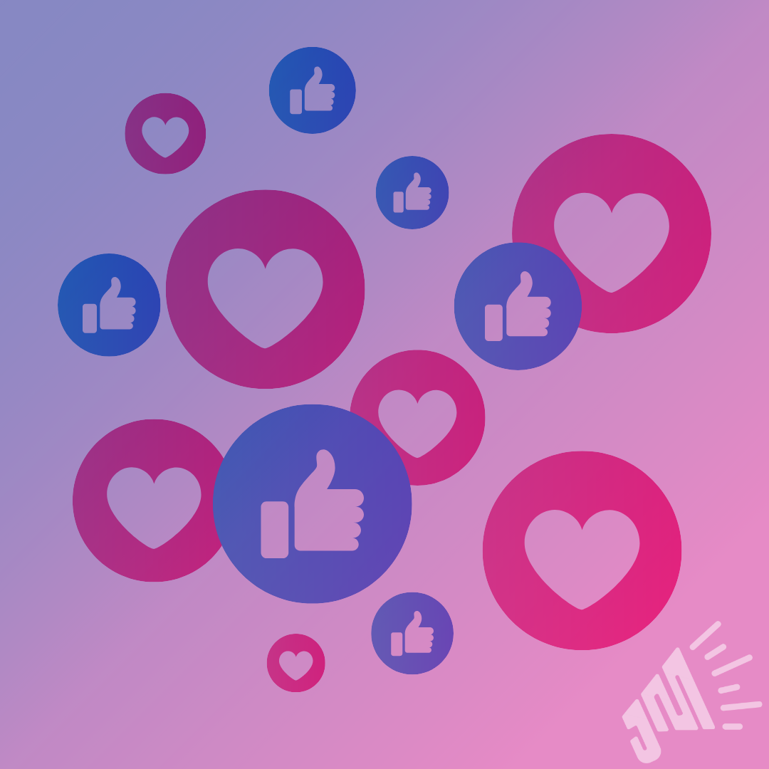 A collection of like and love social media reactions with a gradient overlay of purple and pink.