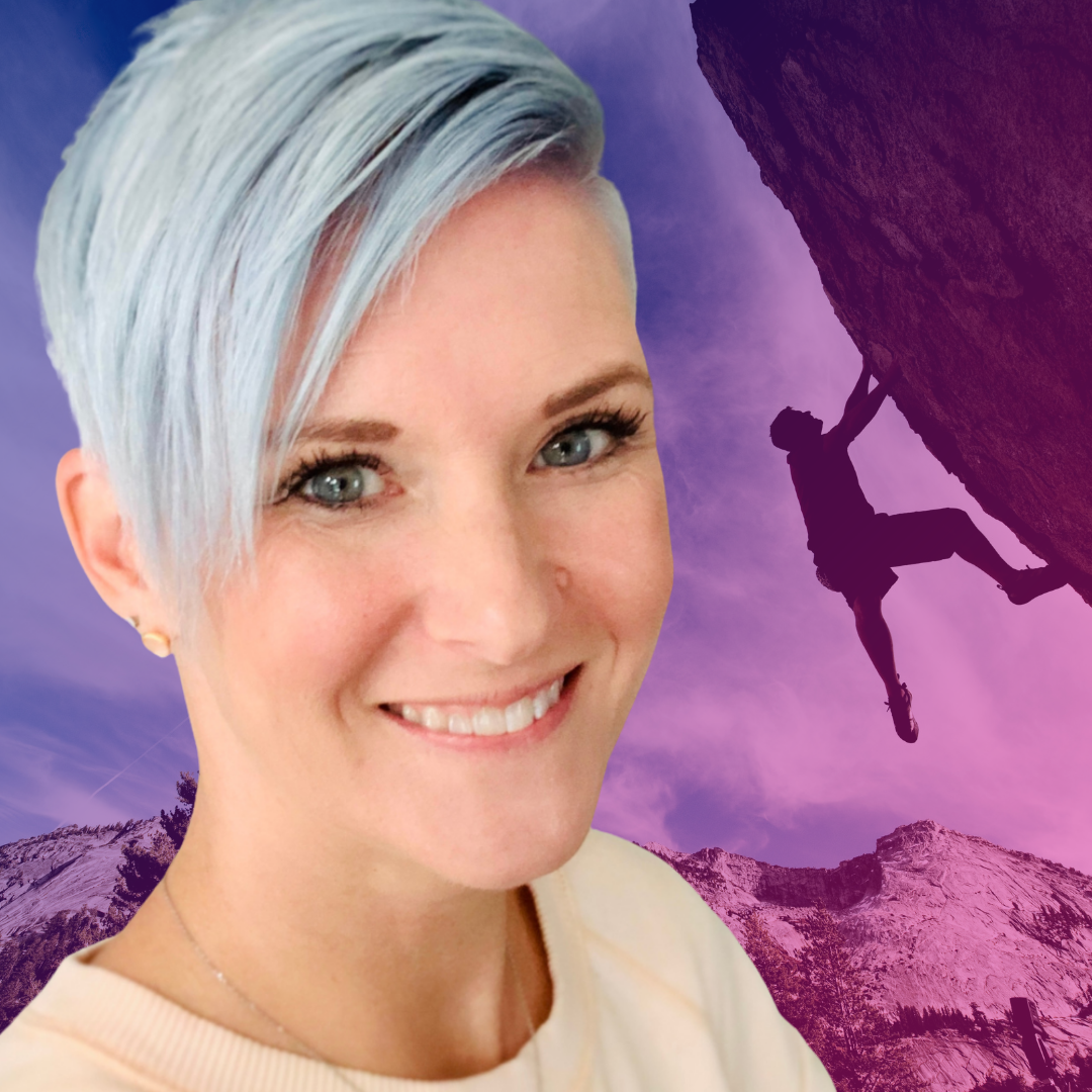 Sara Whiteside is smiling. The background shows a person climbing up a mountain at an impossible angle.