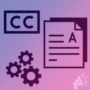 The symbol for closed captioning is in the upper left. The symbol for a text document is on the right. 3 gears symbolizing a process is in the lower left.