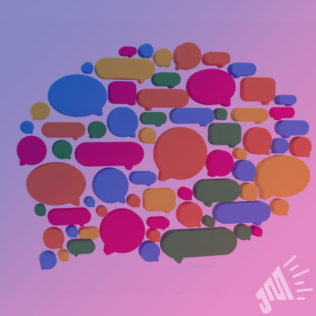 The image is a chat bubble made up of various chat bubbles in different sizes and shapes. Colors are blue, green, yellow, orange, and pink. There is a gradient overlay of purple and pink.