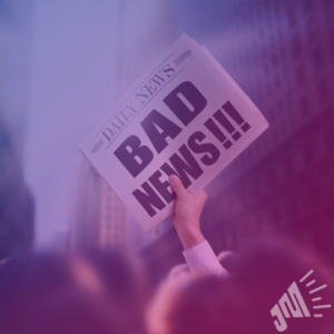 A hand is raised holding a newspaper out of a crowd of people. The paper says: Bad News! in all caps.