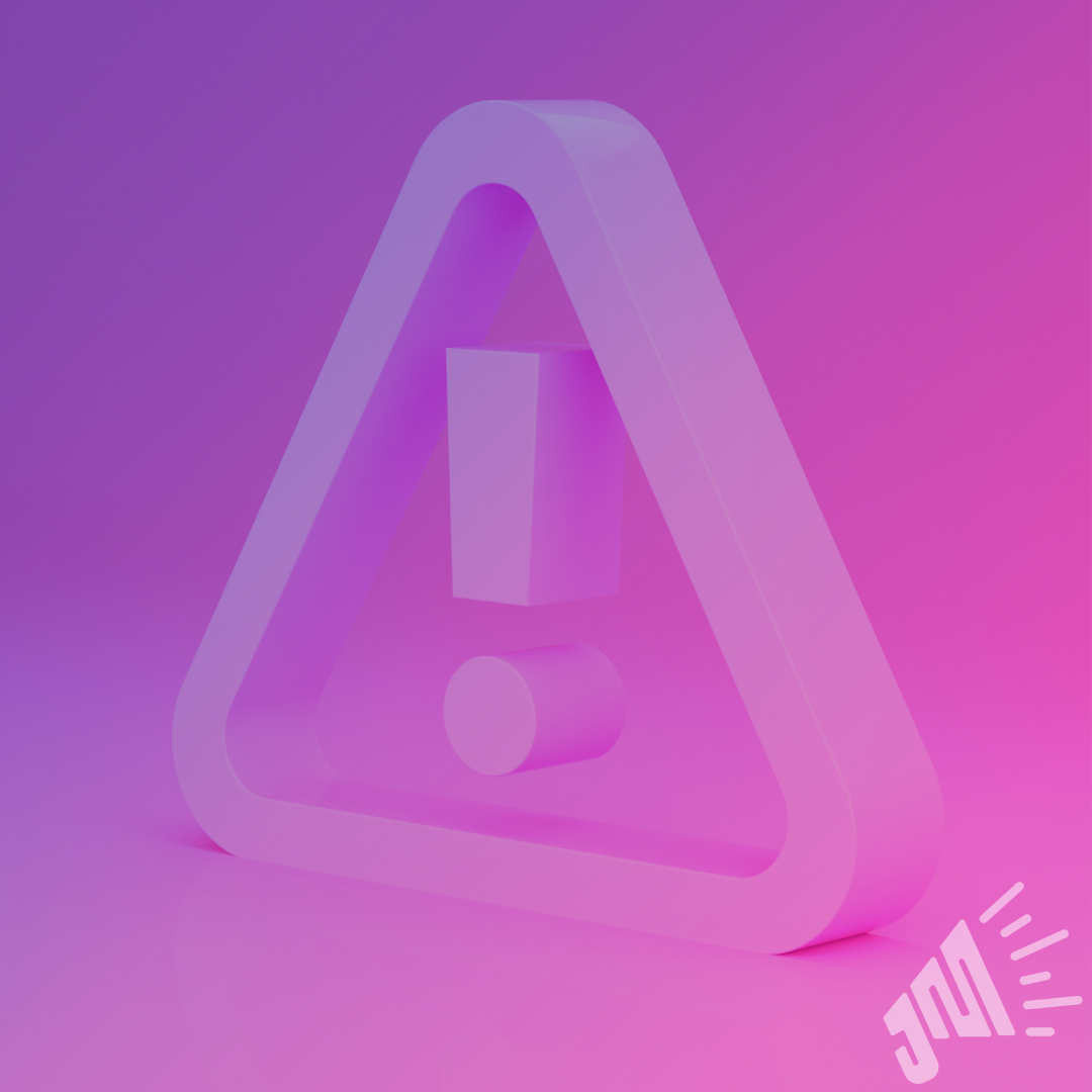 a 3d rendering of a caution sign: an exclamation point inside of a triangle. The whole image is a gradient of purple and pink.