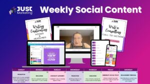 Just Marketing Weekly Social Content. There is a sample week of prompts at the bottom of the image, and in the center are screenshots of different parts of the membership including the weekly video training, canva templates, membership area, PDF downloads, and more.