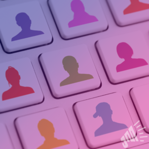A closeup of a keyboard. Each key has a different color silhouette of a person on it. Each person's silhouette is unique representing diversity.