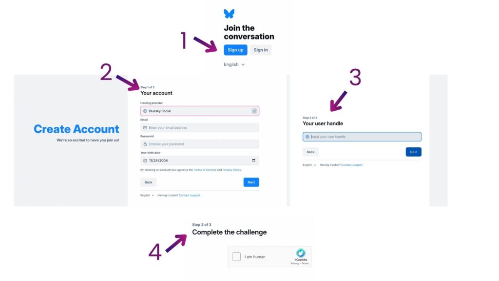 Composite of screenshots showing the process of signing up and creating your account on Bluesky.