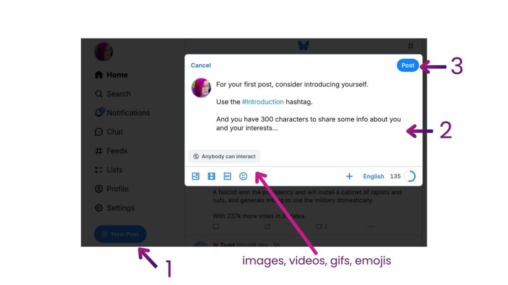 Screenshot showing how to create your first post on Bluesky.