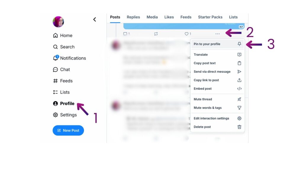 Screenshot showing how to pin a post to your profile on Bluesky.