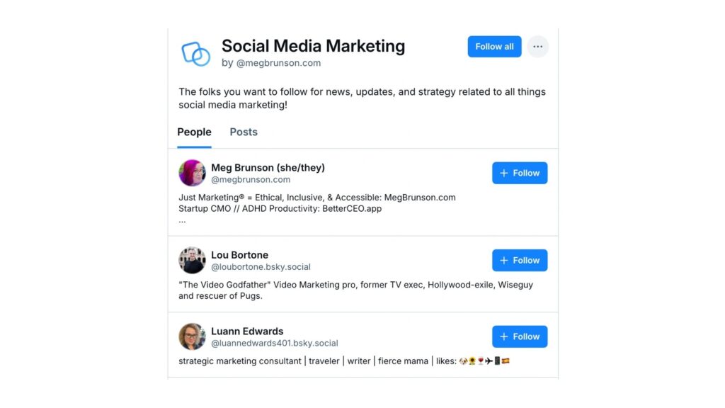 Screenshot showing a Social Media Marketing Starter Pack on Bluesky - showing that you can follow all with one click, or individually choose who to follow.