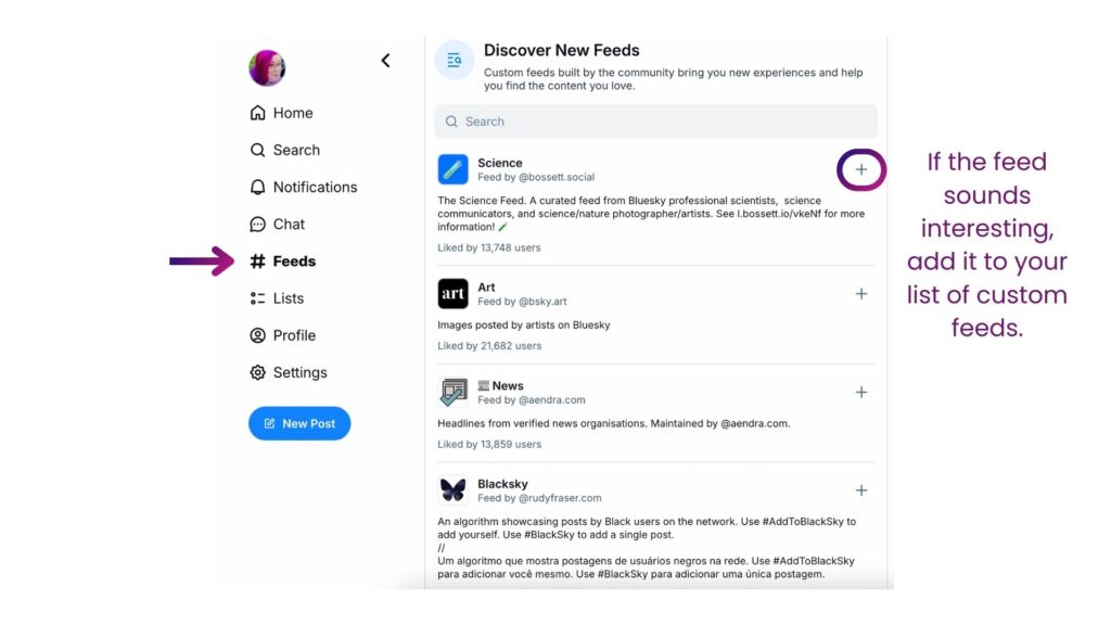 Screenshot of how to discover new feeds and add new feeds to your account on Bluesky.