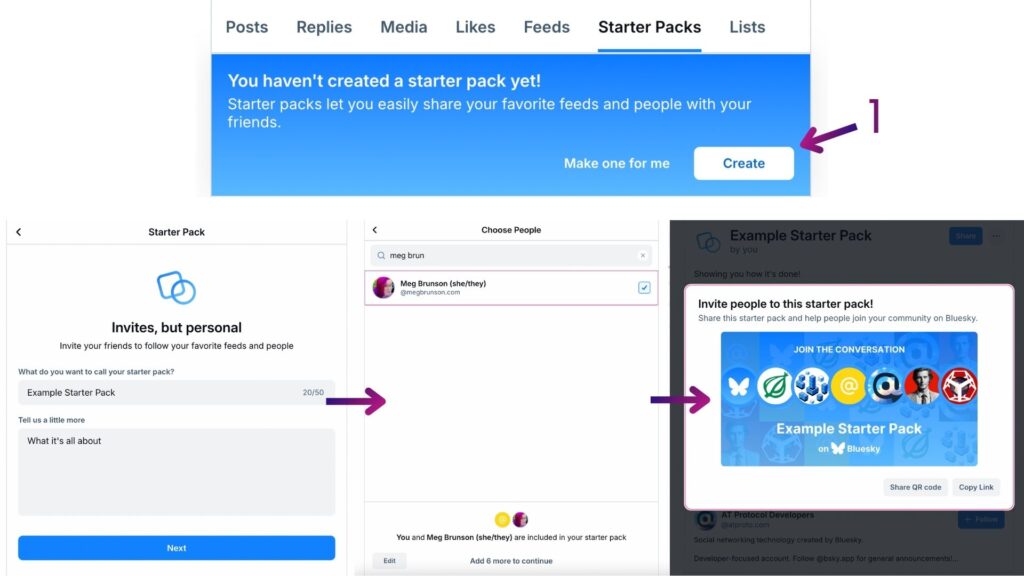 Composite of screenshots showing how to create your own Starter Pack on Bluesky.