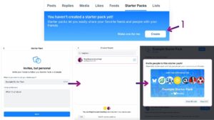 Screenshots from BlueSky show the process of creating a starter pack.