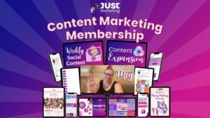 Just Marketing Content Marketing Membership. Mockup shows elements of the membership in different digital divices including Weekly Social Content, Content Expansion, And 6 bonuses!