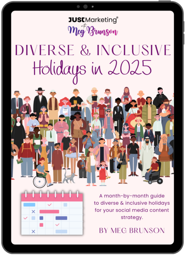 iPad mockup and illustration of a diverse group of people with various races, genders, ages, cultures, and abilities. "2025 Diverse and Inclusive Holidays: a month-by-month guide to diverse and inclusive holidays for your social media strategy."