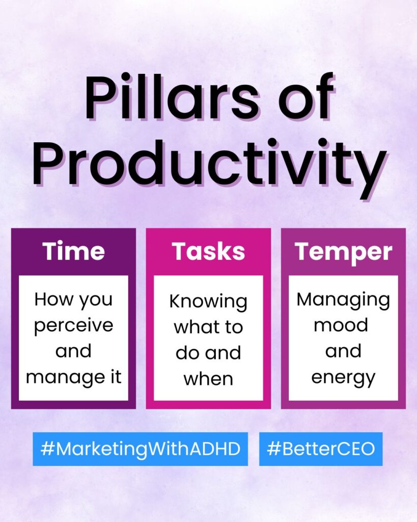 Pillars of Productivity: 1. Time - How you perceive and manage it. 2. Tasks - knowing what to do and when. 3. Temper - managing mood and energy. Marketing with ADHD & BetterCEO #MarketingWithADHD #BetterCEO