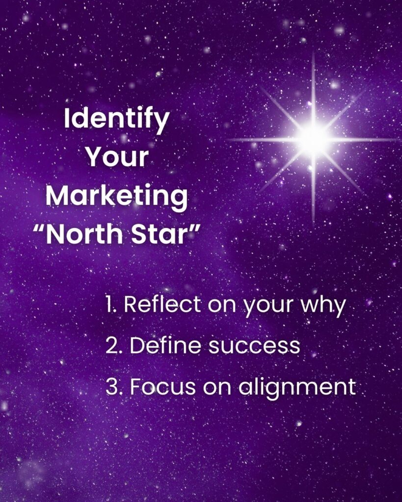 Identify your marketing "North Star." 1 - reflect on your why. 2 - define success. 3 - focus on alignment. One very bright star is in the upper right. The night sky is purple and full of smaller stars.