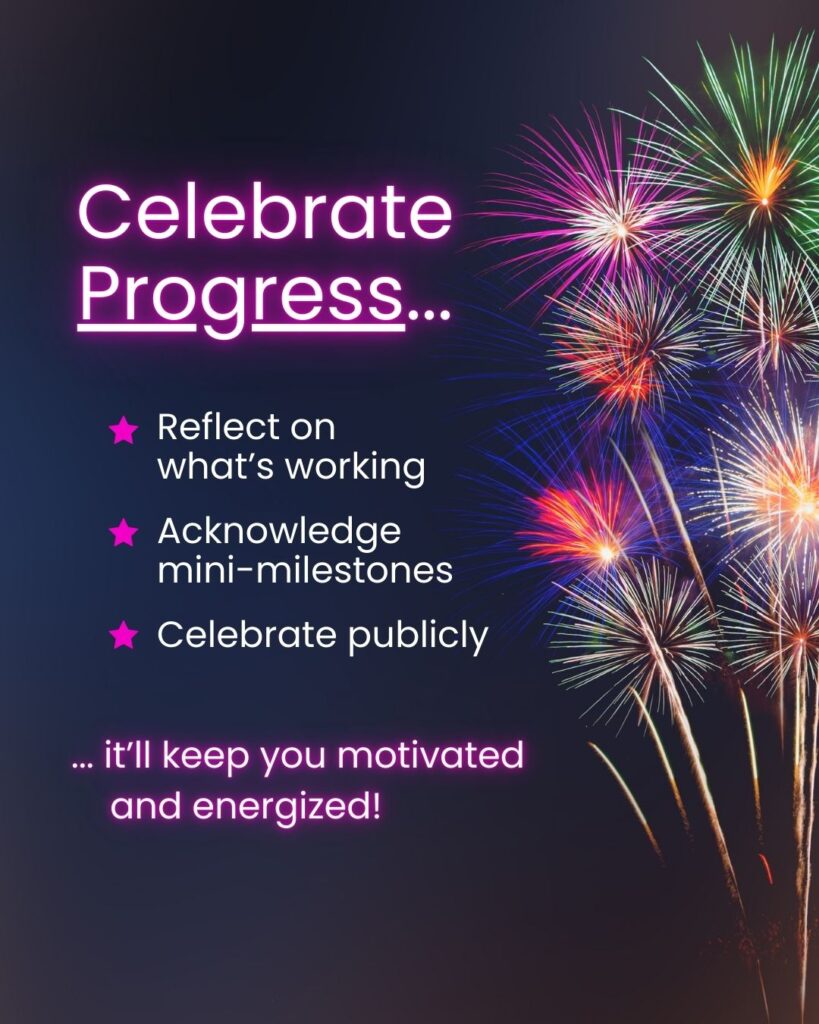 Celebrate progress... reflect on what's working, acknowledge mini-milestones, and celebrate publicly ...it'll keep you motivated and energized! Fireworks light up the right side of the image on a dark blue sky.