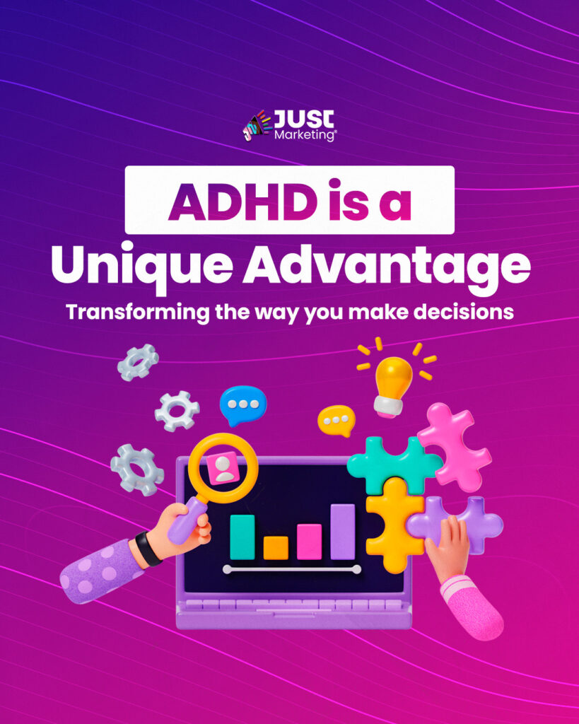 ADHD is a unique advantage. Transforming the way you make decisions. 3d icon of a computer with a bar graph displayed, one hand doing audience research, and another hand assembling a puzzle.