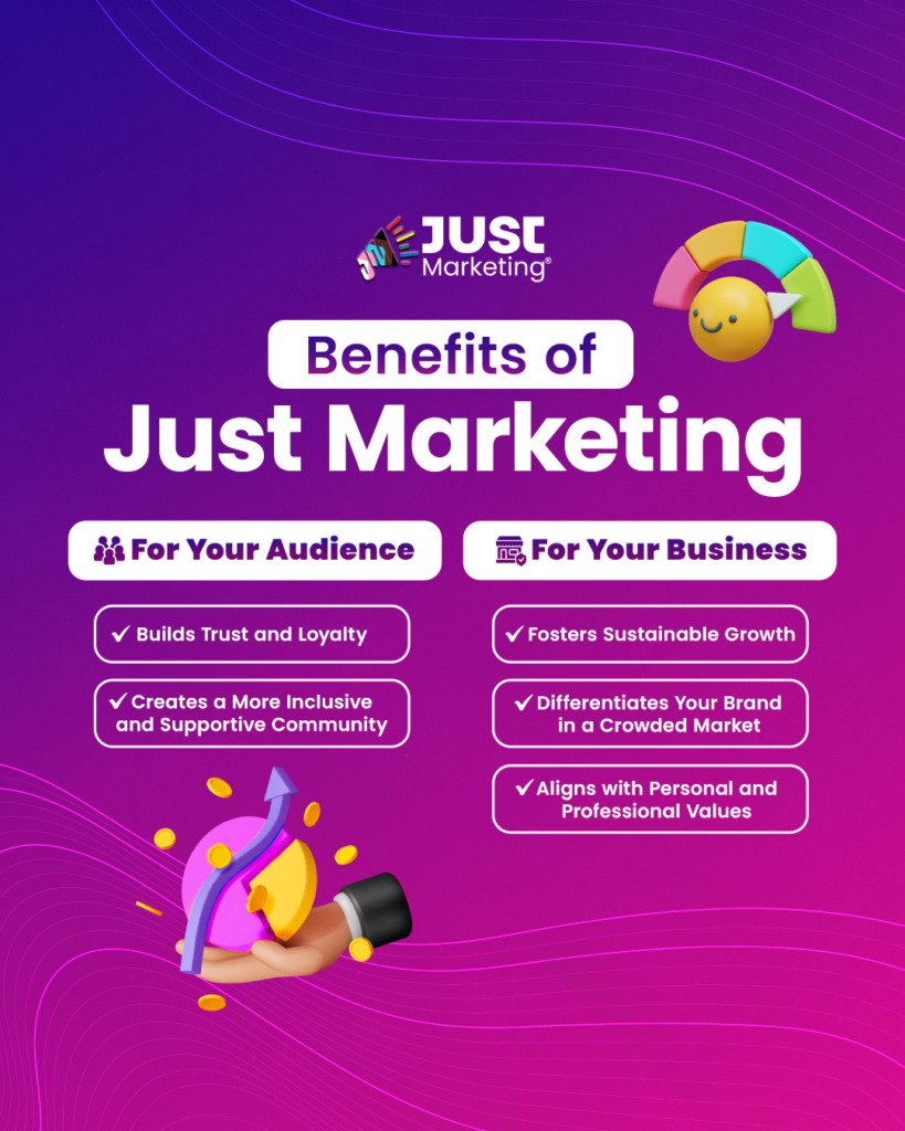 Benefits of Just Marketing for your audience: builds trust and loyalty, and creates a more inclusive and supportive community. For your business: fosters sustainable growth, differentiates your brand in a crowded market, and aligns with personal and professional values.