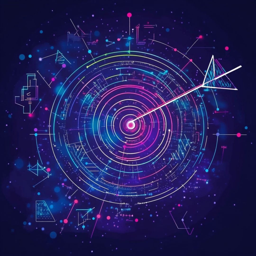 Futuristic arrow hitting the center of a bullseye in shades of blue, purple, and pink.