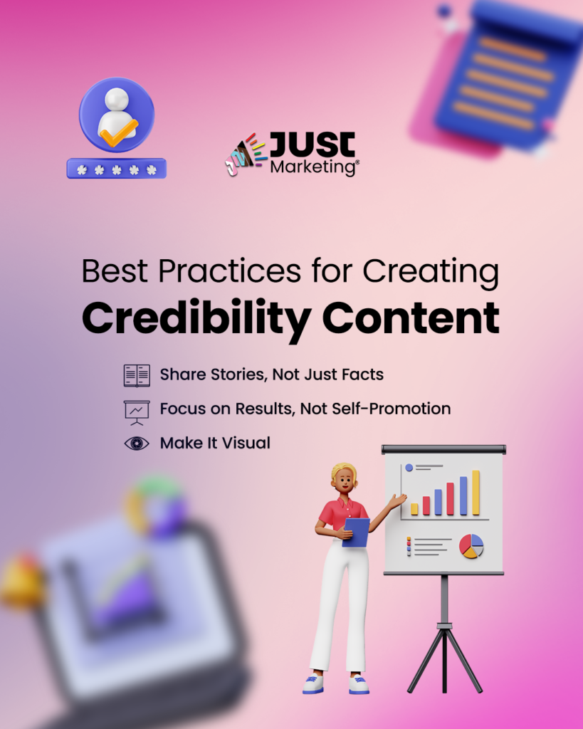 'Best Practices for Creating Credibility Content.' Three best practices are listed with icons: (1) 'Share Stories, Not Just Facts' with a document icon, (2) 'Focus on Results, Not Self-Promotion' with a graph icon, and (3) 'Make It Visual' with an eye icon. A 3D-style illustration of a person in a red top and white pants stands beside a presentation easel displaying a bar chart and pie graph. Floating around the image are blurred icons, including a checklist, a login badge, and a document, reinforcing the theme of credibility and trust-building.