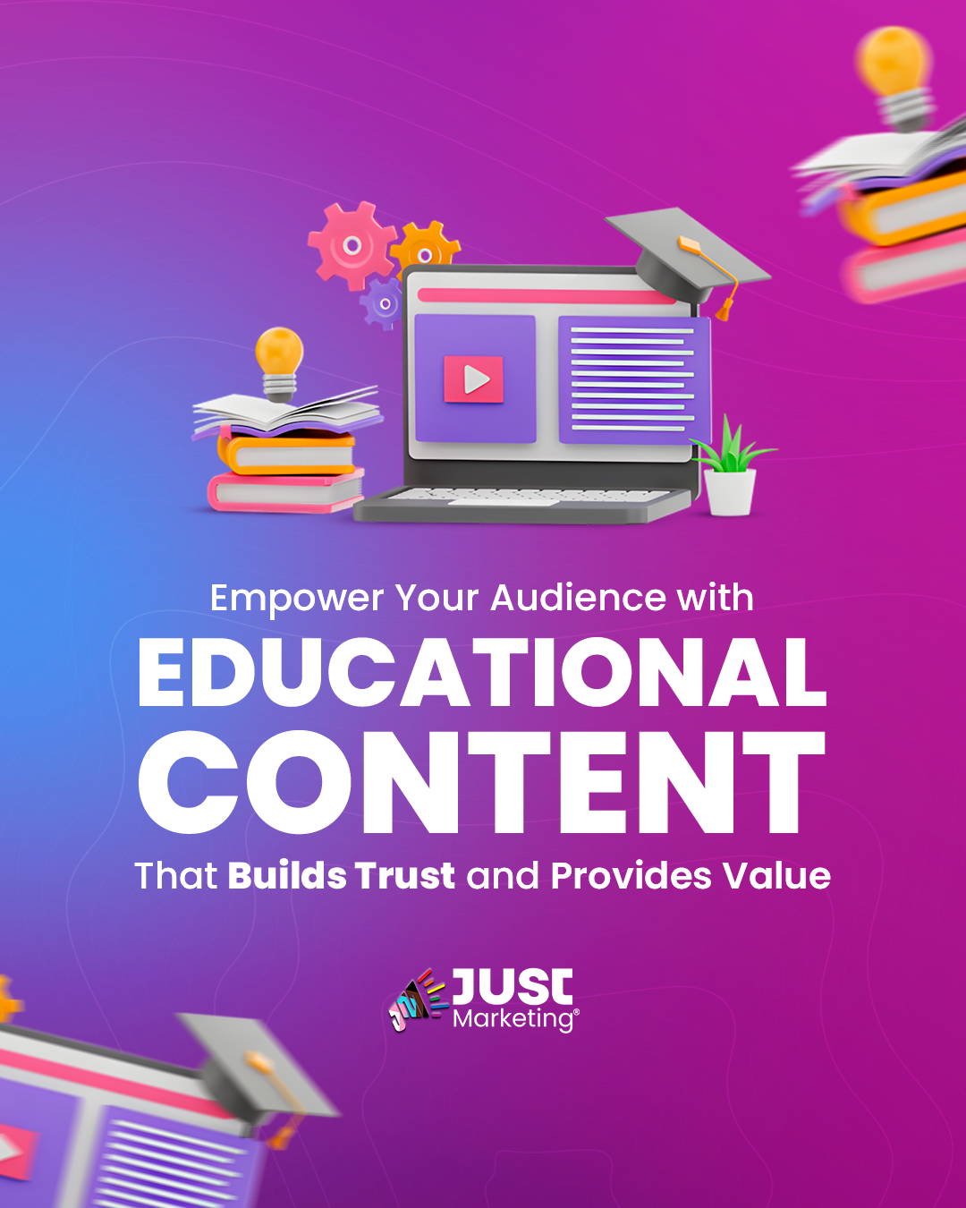 A vibrant pink and purple gradient background features floating 3D educational elements such as a laptop displaying a video tutorial, books with a graduation cap, a lightbulb, and gears. The text reads: 