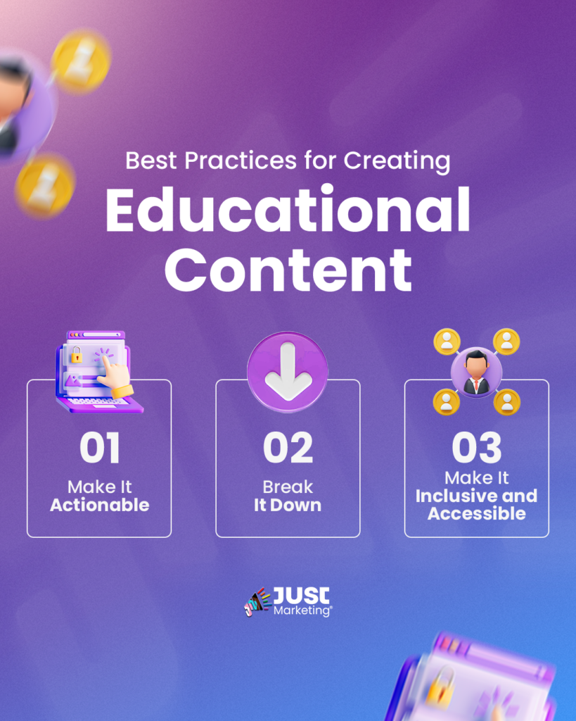 "Best Practices for Creating Educational Content." Below, three rectangular sections each contain an icon and a best practice: 01 - Make It Actionable (a hand pointing at a laptop screen), 02 - Break It Down (a downward arrow), and 03 - Make It Inclusive and Accessible (an icon of a person connecting with other people). The Just Marketing® logo is positioned at the bottom.