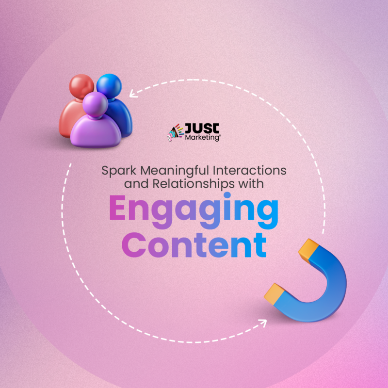 'Spark Meaningful Interactions and Relationships with Engaging Content.' A curved dashed arrow connects two 3D icons—a group of three people in shades of red, purple, and blue on the left, and a blue horseshoe magnet on the right.