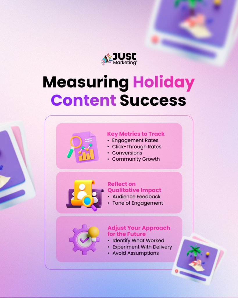 Measuring Holiday Content Success.: 1) Key Metrics to Track - engagement rates, click-through rates, conversions, and community growth. 2) Reflect on Qualitative Impact - audience feedback and the tone of engagement. 3) Adjust Your Approach for the Future – identifying what worked, experimenting with delivery, and avoiding assumptions.