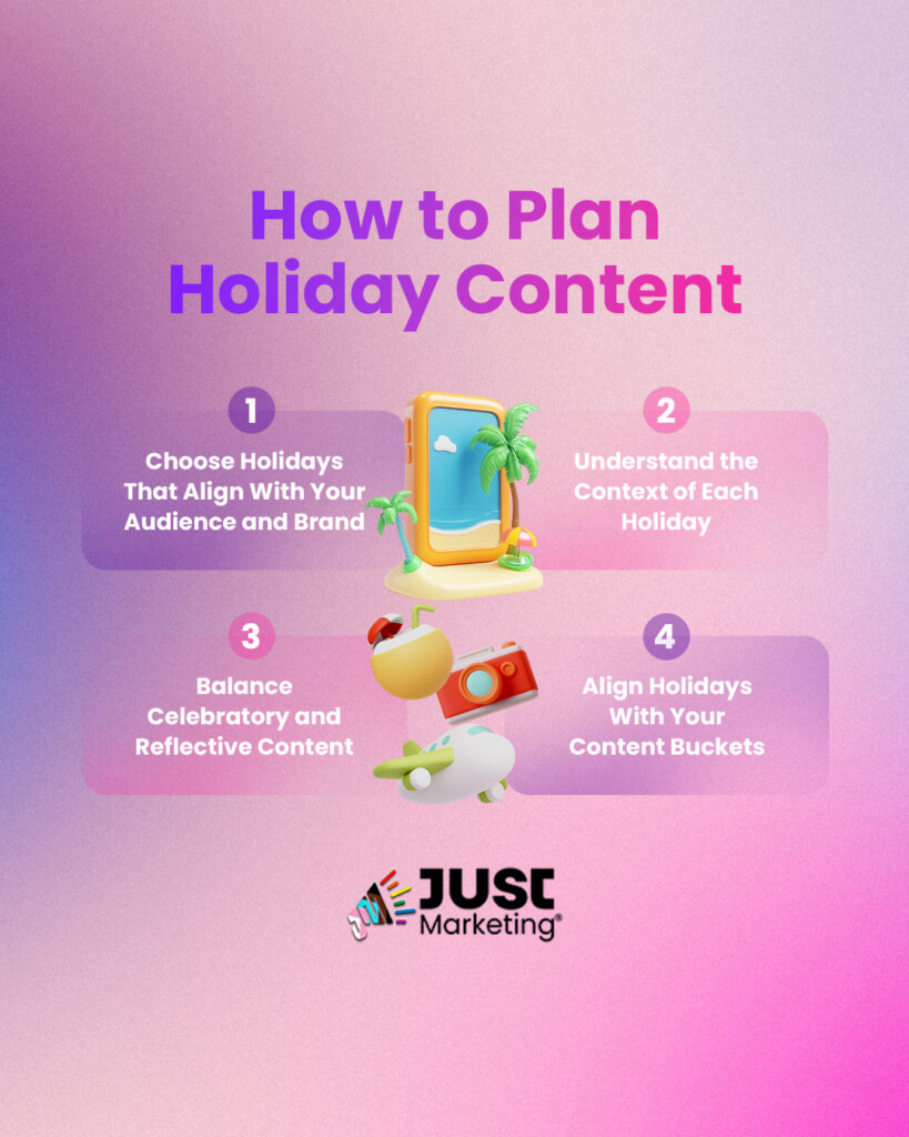 "How to Plan Holiday Content. 1: Choose Holidays That Align With Your Audience and Brand. 2: Understand the Context of Each Holiday. 3: Balance Celebratory and Reflective Content. 4: Align Holidays With Your Content Buckets.” A smartphone with a tropical beach scene is above an illustration of a coconut drink, camera, and airplane.