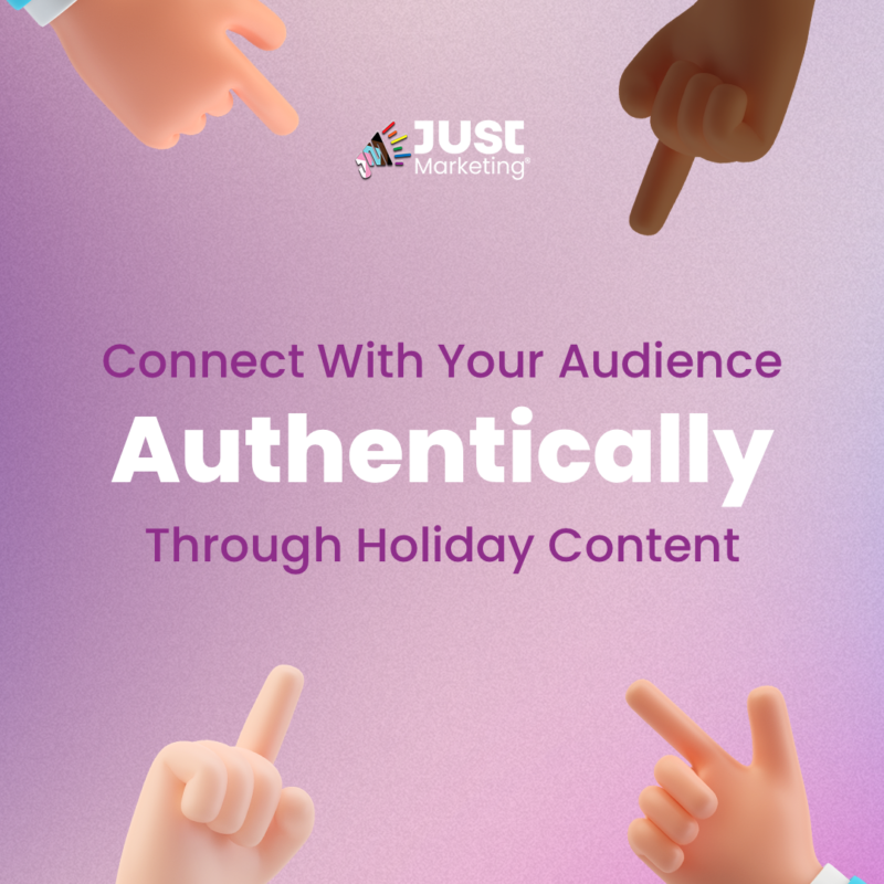 "Connect With Your Audience Authentically Through Holiday Content." Surrounding the text are four 3D-rendered hands of diverse skin tones, each pointing towards the center. The color scheme includes shades of purple, white, and blue.