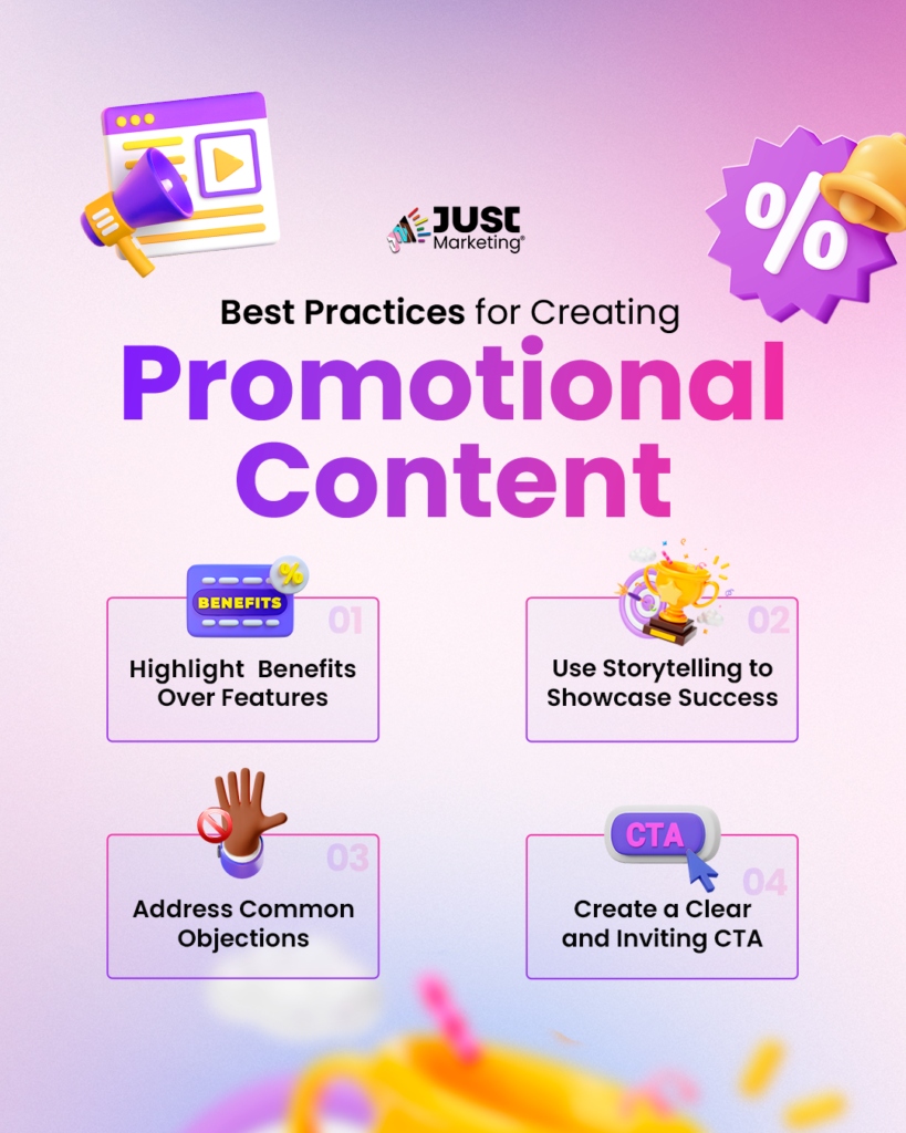 "Best Practices for Creating Promotional Content." Below, four best practices are listed with corresponding 3D icons: 1) Highlight Benefits Over Features - "Benefits" label with a percentage sign. 2) Use Storytelling to Showcase Success - Trophy and confetti. 3) Address Common Objections - Raised hand and a "no" symbol. 4) Create a Clear and Inviting CTA - CTA button and a cursor clicking on it.