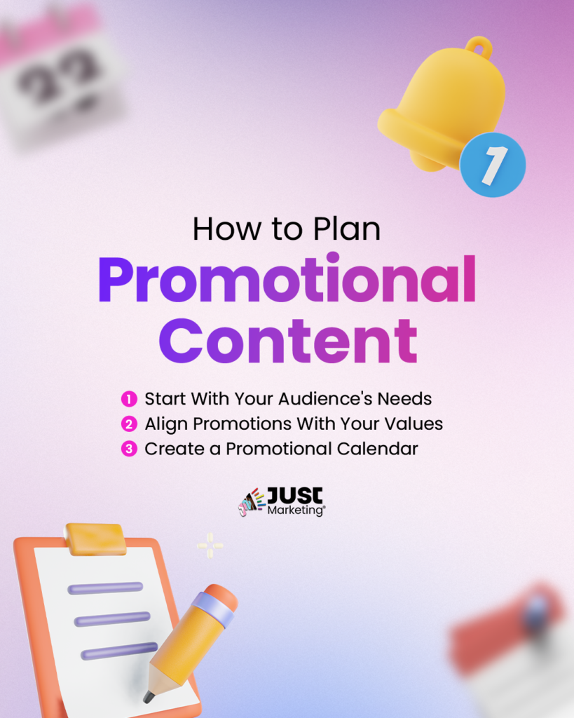 The heading reads, "How to Plan Promotional Content." Below, three key steps are listed with numbered pink bullet points: 1 - Start With Your Audience's Needs. 2 - Align Promotions With Your Values. 3 - Create a Promotional Calendar. 3D icons, including a yellow notification bell with a blue "1" badge in the top right, a calendar in the background, and a clipboard with a pencil in the lower left.