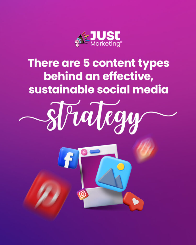 "There are 5 content types behind an effective, sustainable social media strategy." The lower section features floating social media icons, including Facebook, Instagram, Pinterest, and engagement icons (a like, a comment bubble, and an image post).