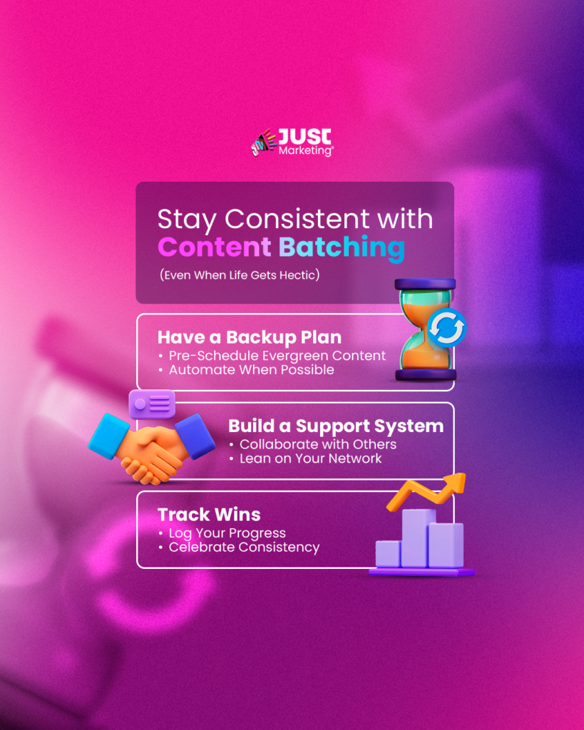Infographic with the title: ‘Stay Consistent with Content Batching (Even When Life Gets Hectic).’ Three tips are listed: ‘Have a Backup Plan’ with a sand timer icon, ‘Build a Support System’ with handshake icon, and ‘Track Wins’ with a bar graph icon. Background is a vivid pink and purple gradient.