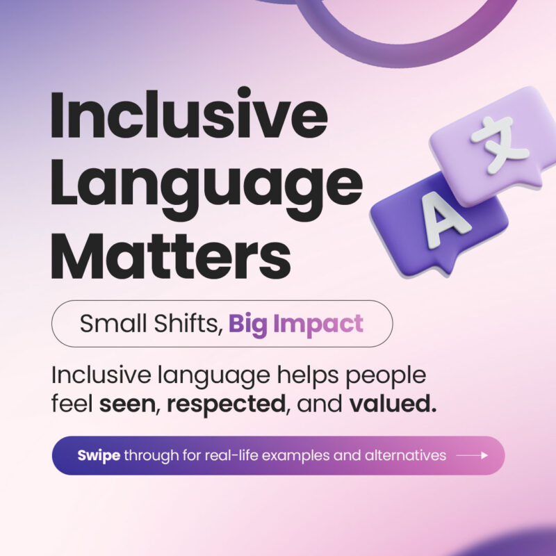 Title: ‘Inclusive Language Matters.’ Subtitle: ‘Small Shifts, Big Impact.’ Text: ‘Inclusive language helps people feel seen, respected, and valued.’ A purple button at the bottom says, ‘Swipe through for real-life examples and alternatives.’ Two speech bubbles with the letter ‘A’ and a Chinese character float to the right. Background is a gradient of purple and pink with abstract loops.