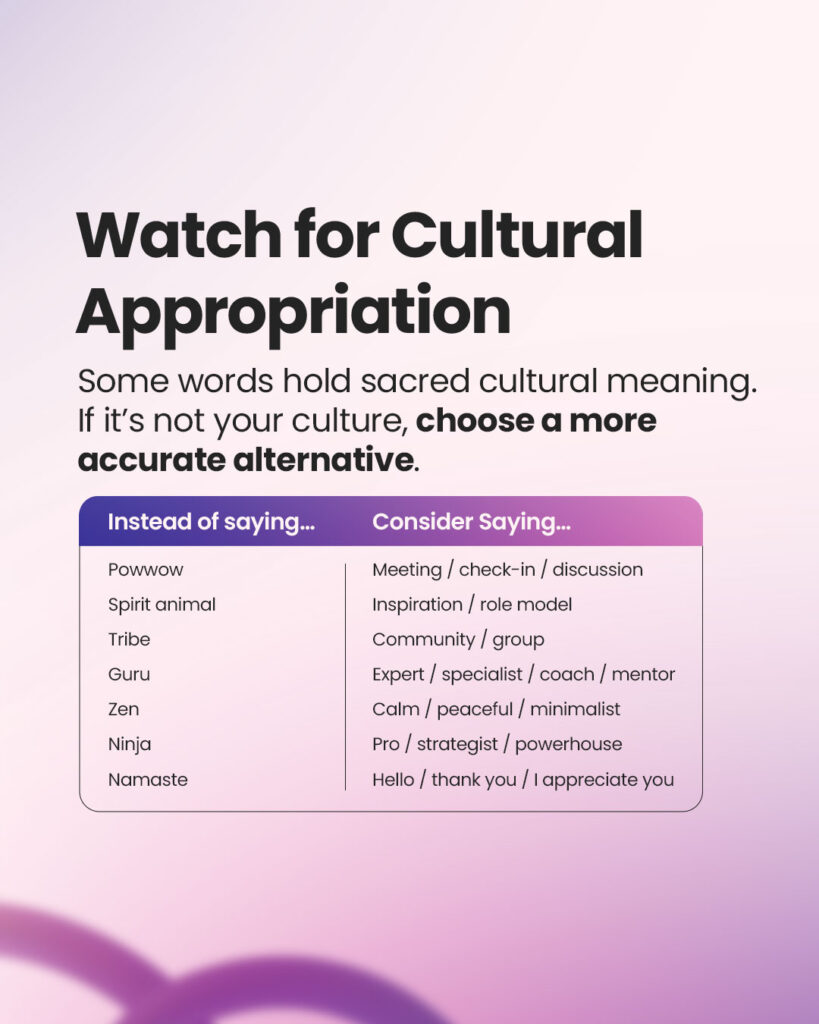 Title: ‘Watch for Cultural Appropriation.’ Subtitle: ‘Some words hold sacred cultural meaning. If it’s not your culture, choose a more accurate alternative.’ A table lists phrases: ‘Instead of saying’ includes terms like ‘Powwow’ and ‘Guru,’ while ‘Consider Saying’ suggests alternatives like ‘Meeting’ and ‘Expert.’ Background is a soft gradient of pink and purple with abstract curves.