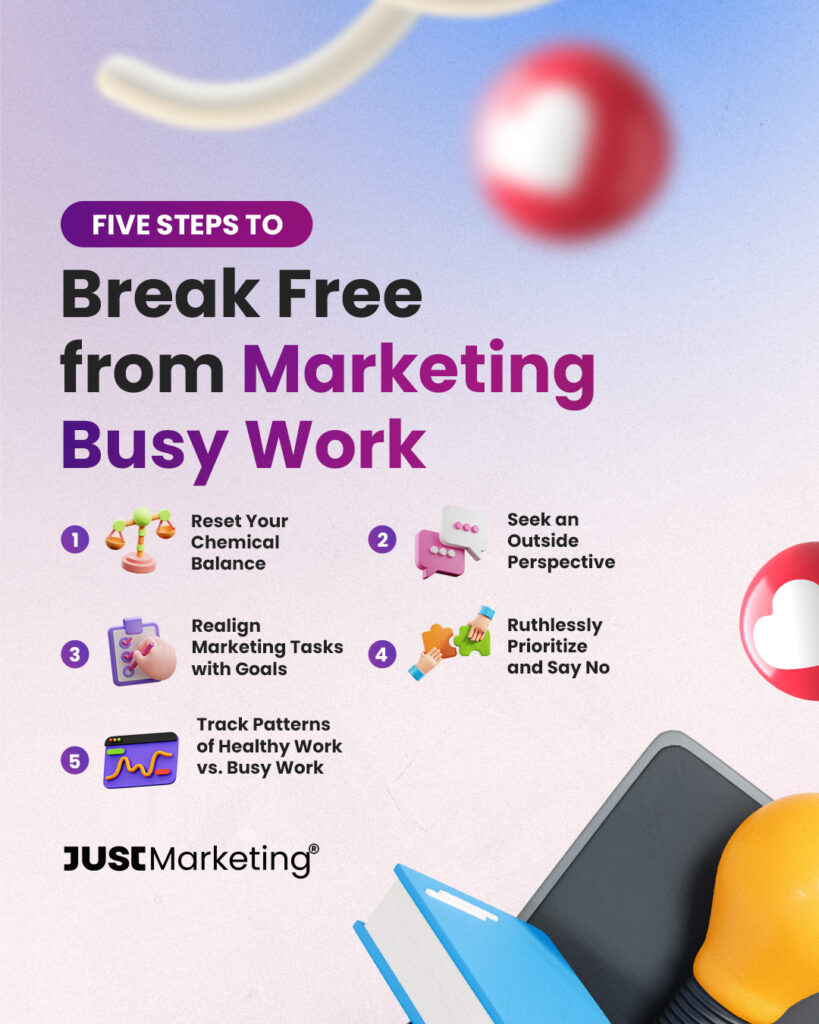 Infographic titled ‘Five Steps to Break Free from Marketing Busy Work’ with a list: 1) Reset Your Chemical Balance, 2) Seek an Outside Perspective, 3) Realign Marketing Tasks with Goals, 4) Ruthlessly Prioritize and Say No, 5) Track Patterns of Healthy Work vs. Busy Work. Includes small icons beside each step and the Just Marketing logo at the bottom. Background features soft pastel gradients.