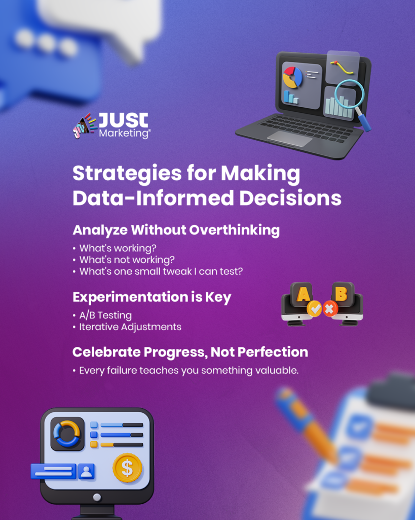 Infographic titled ‘Strategies for Making Data-Informed Decisions.’ Key points: Analyze Without Overthinking (identify what's working, what's not, and test small tweaks), Experimentation is Key (A/B testing, iterative adjustments), and Celebrate Progress, Not Perfection (learn from failures). Background features a purple gradient with laptop, chart, and computer illustrations.