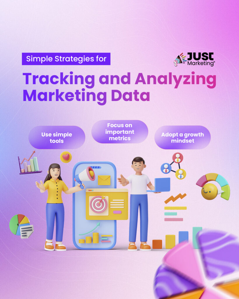 Infographic titled ‘Simple Strategies for Tracking and Analyzing Marketing Data.’ Three tips are highlighted: ‘Use simple tools, Focus on important metrics, and Adopt a growth mindset.’ At the bottom, two illustrated characters stand beside charts, graphs, and a giant smartphone displaying marketing icons. Background features a pink and purple gradient with abstract data visuals.