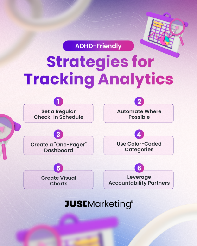 Infographic titled ‘ADHD-Friendly Strategies for Tracking Analytics.’ Six tips are listed: 1) Set a Regular Check-In Schedule, 2) Automate Where Possible, 3) Create a ‘One-Pager’ Dashboard, 4) Use Color-Coded Categories, 5) Create Visual Charts, and 6) Leverage Accountability Partners. Background has a soft pink and purple gradient with magnifying glass and chart illustrations.
