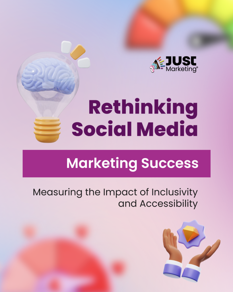 A pastel gradient background featuring a lightbulb with a brain inside and the Just Marketing logo. Text reads: ‘Rethinking Social Media Marketing Success’ and ‘Measuring the Impact of Inclusivity and Accessibility.’ Decorative icons include a speedometer gauge and hands holding a star.