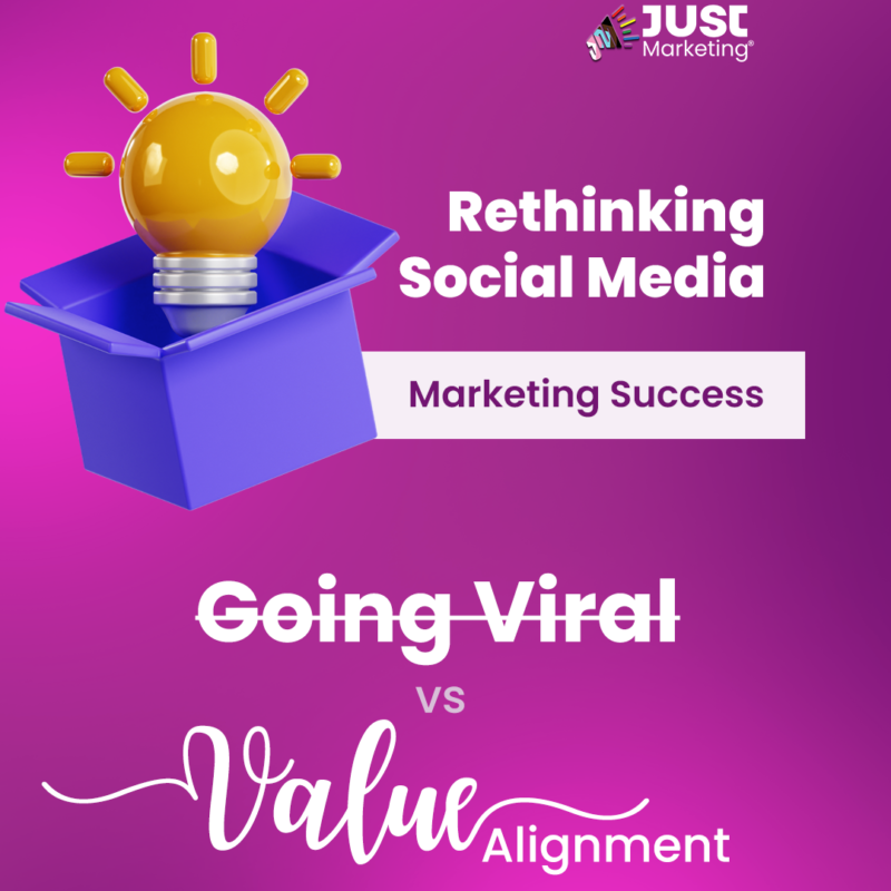 Pink and purple gradient background showing a glowing yellow lightbulb emerging from a blue box. Text reads: ‘Rethinking Social Media Marketing Success,’ followed by ‘Going Viral (crossed out) vs Value Alignment.’ The Just Marketing logo appears at the top right.