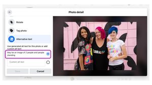 Screenshot of Facebook's alt text tool. The alt text Facebook suggests is "May be an image of 2 people and people standing." In fact, the image is three people standing. Illustrating the inadequacy of automated alt text.