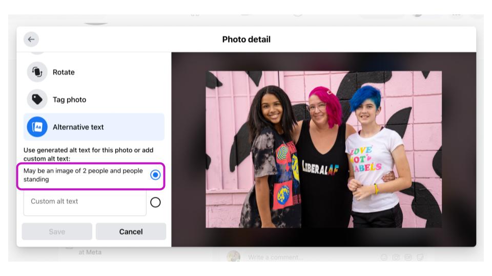 Facebook's 'Photo Detail' settings panel showing the automatically generated Alternative Text, which reads: 'May be an image of 2 people and people standing.' The photo actually shows Meg and her two oldest children smiling together in front of a pink floral wall.