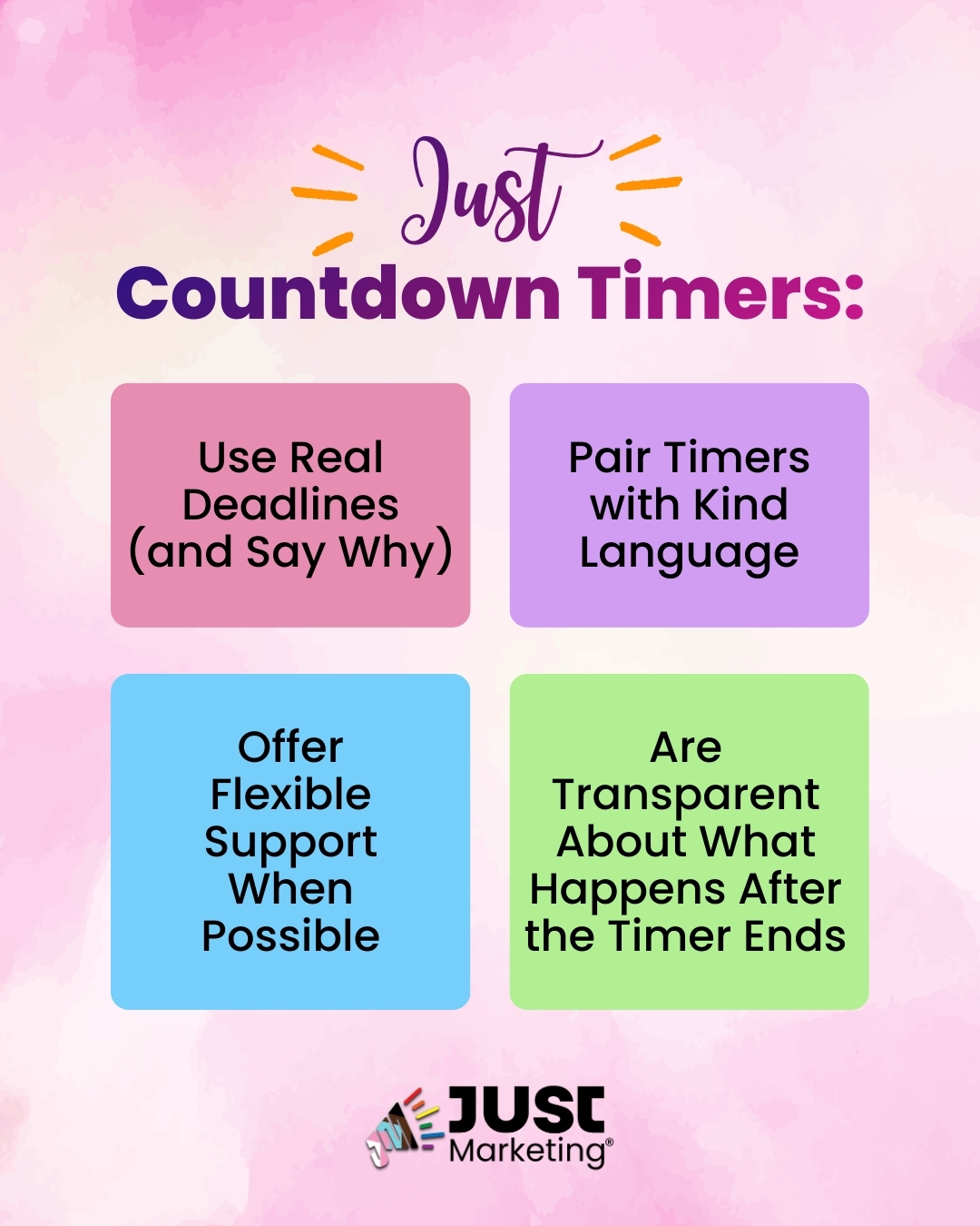 Infographic titled 'Just Countdown Timers:' with four colorful boxes outlining ethical timer practices: 'Use Real Deadlines (and Say Why), Pair Timers with Kind Language, Offer Flexible Support When Possible, and Are Transparent About What Happens After the Timer Ends. A soft pink background. The Just Marketing® logo appears at the bottom.