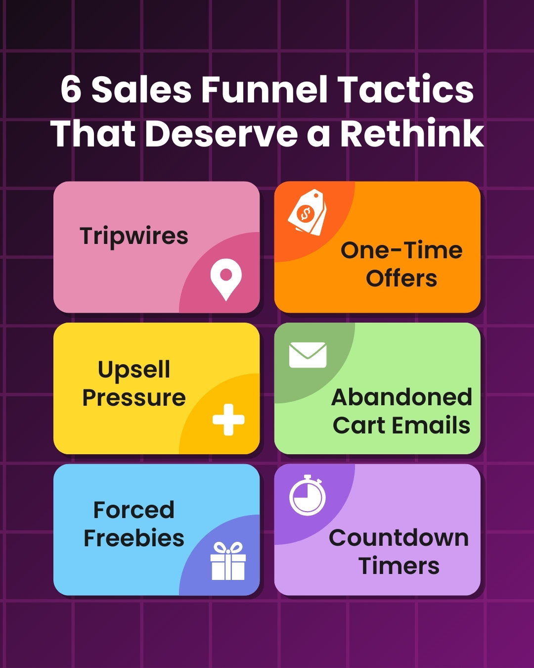 Infographic titled '6 Sales Funnel Tactics That Deserve a Rethink' with a dark grid background. Six colorful boxes list tactics: Tripwires, One-Time Offers, Upsell Pressure, Abandoned Cart Emails, Forced Freebies, and Countdown Timers - each paired with a relevant icon.